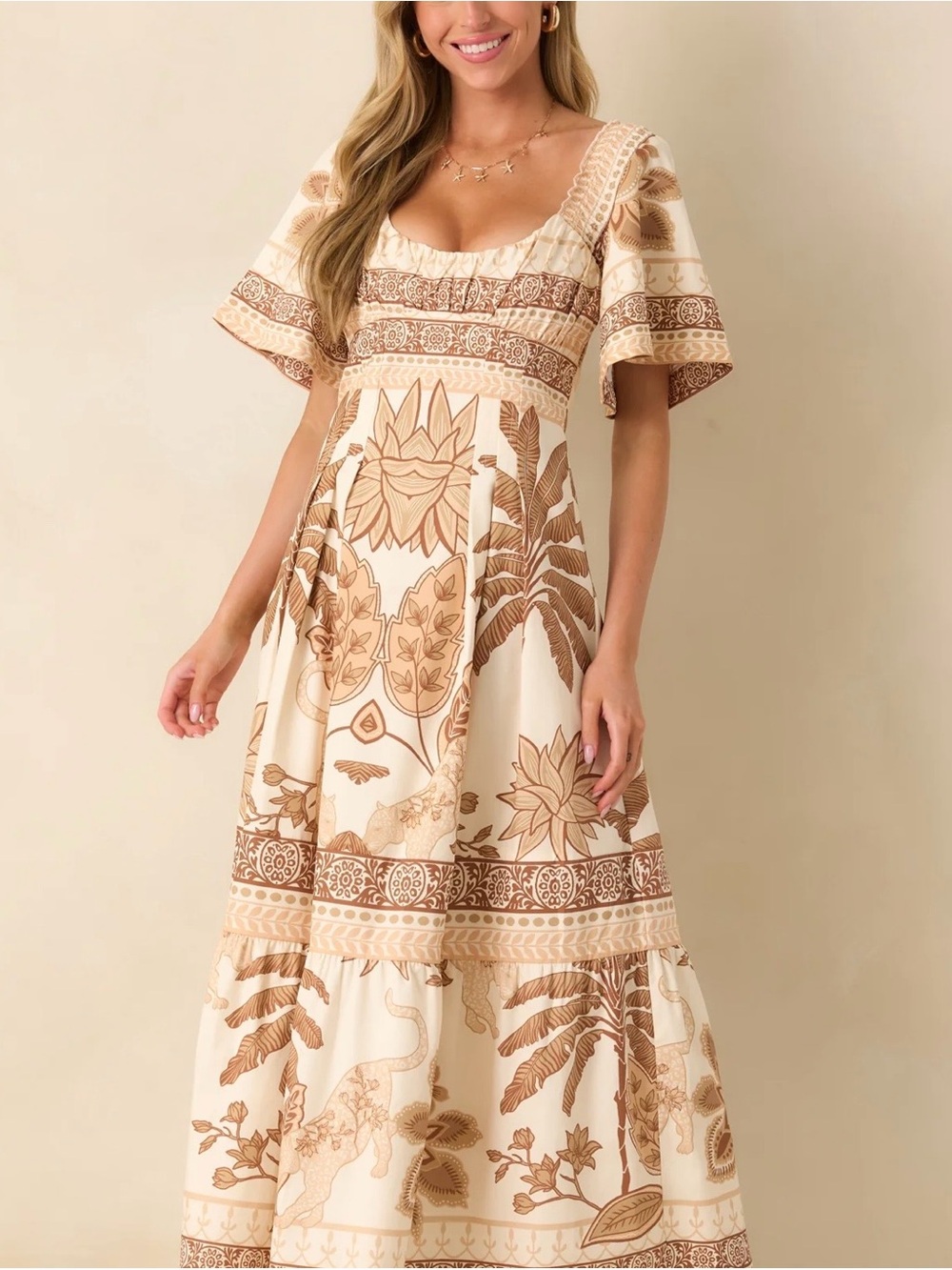 Cream Floral Maxi Dress with Tan Print